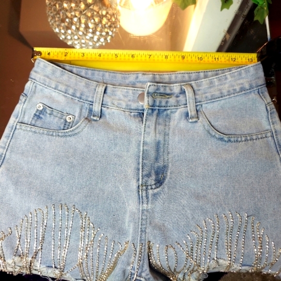 Rhinestone High Waist Denim Shorts
